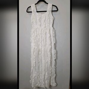 White Lace Ruffle Midi Sheath Dress Sleeveless Spring Ethereal Cottagecore